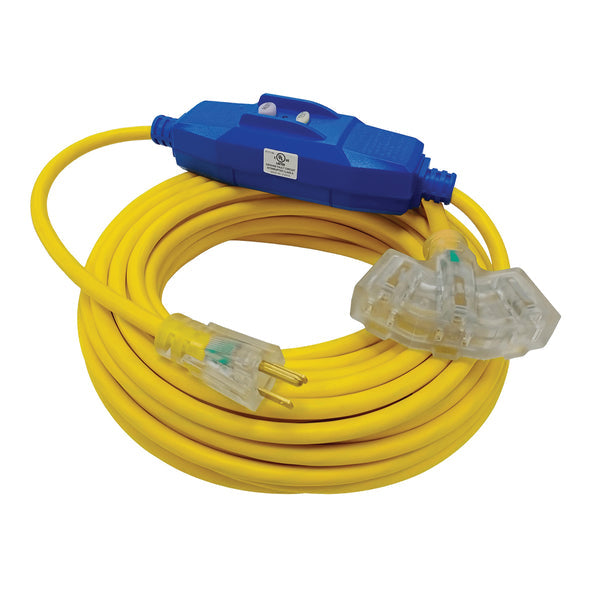 50ft 12/3 SJTW Yellow/Black Ext Cord w 20A /Inline GFCI and Lighted Power Block End, NEMA 5-15