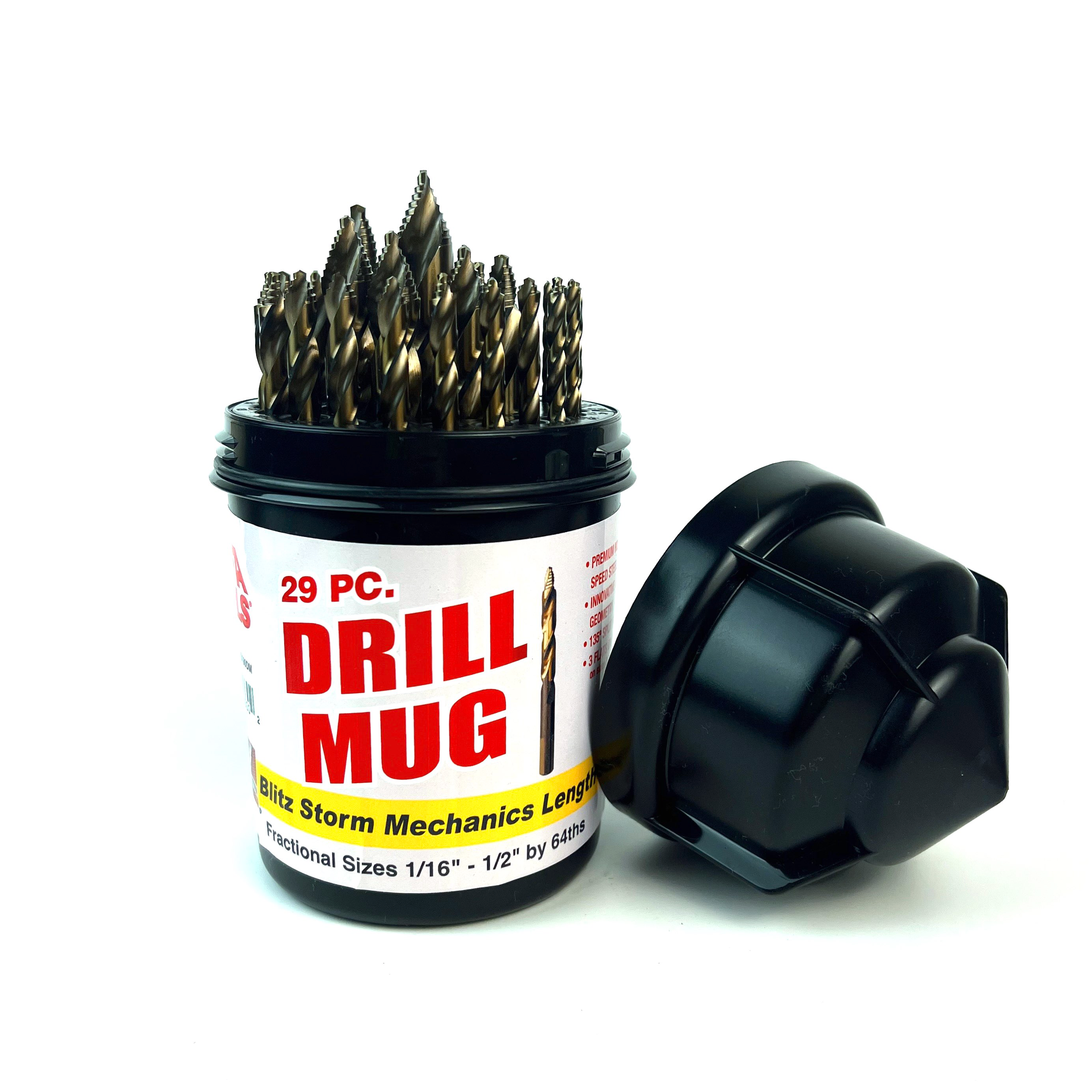 Alfa Blitz Jobber Drill Bit Set - Sizes 1/16"-1/2" by 64th (29 Piece Mug Set)