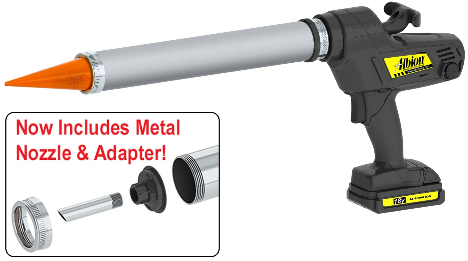 20oz Cordless Bulk Gun w/ Aluminum Barrel and Orange Cone Nozzles 18 Volt