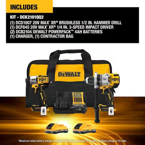 DeWALT DCK21001QQ2 20V Max Drill & Impact Kit: (1) DCD1007B (1) DCF845 (2) Batteries (1) Charger + Bag