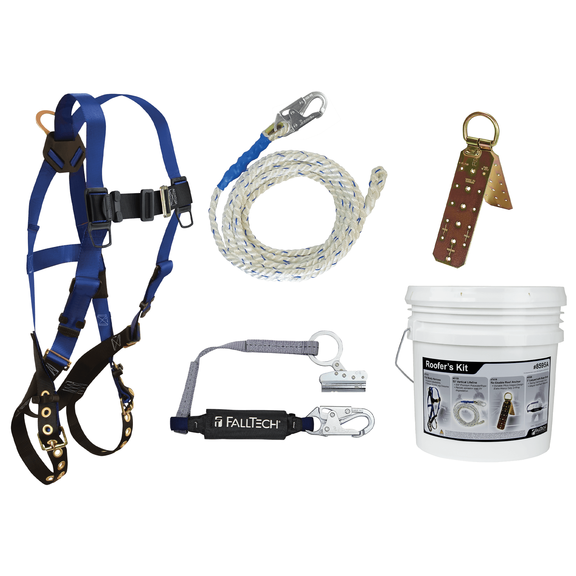 Roofers Kit Contractor Plus With 7016 S,M,L,  Tongue & Buckle Harness, 5 Gallon Pail with 50 Foot Lifeline, Rope Grabber with Lanyard, and Temporary Anchor