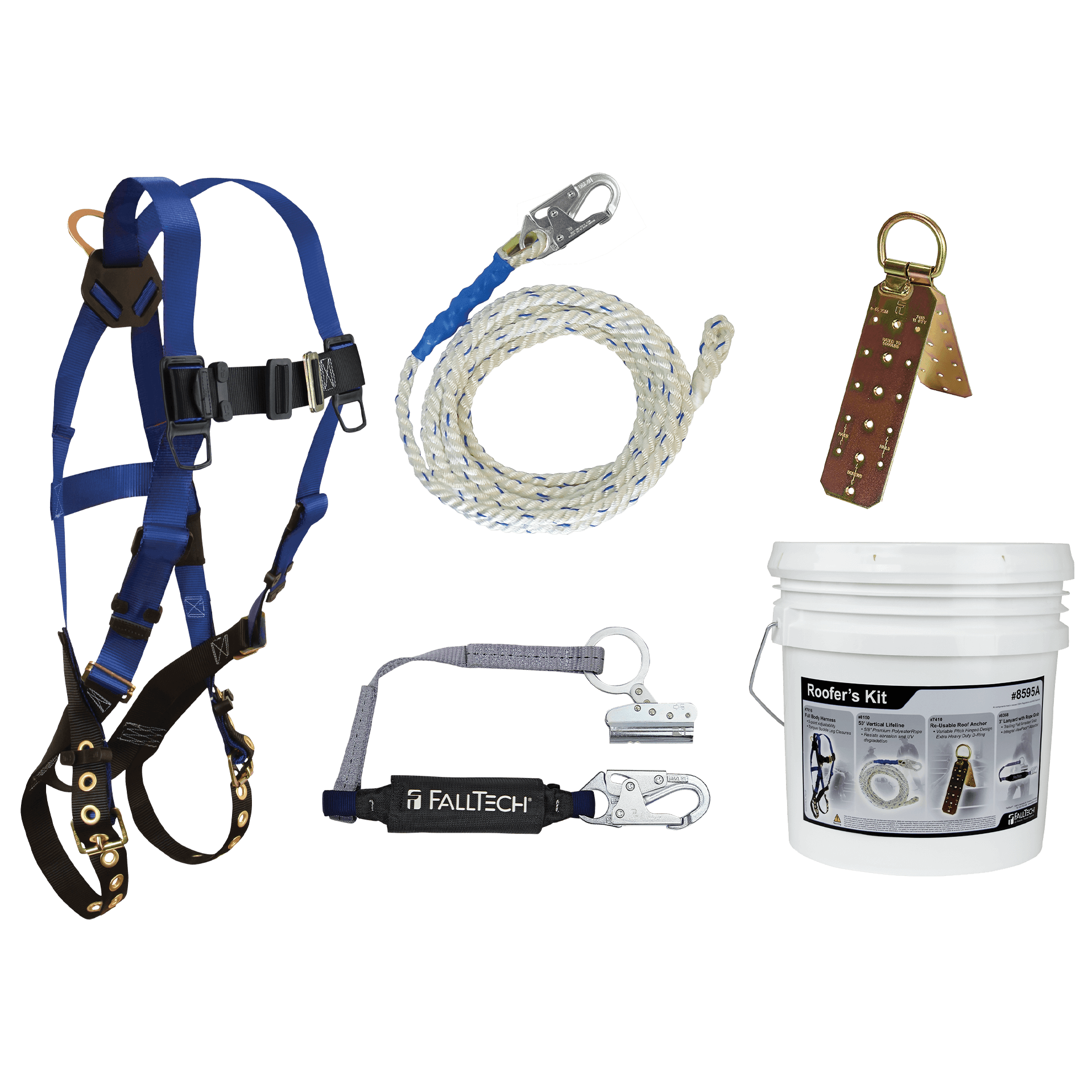 Roofers Kit Contractor Plus With 7016 S,M,L, Tongue & Buckle Harness, 5 Gallon Pail with 50 Foot Lifeline, Rope Grabber with Lanyard, and Temporary Anchor