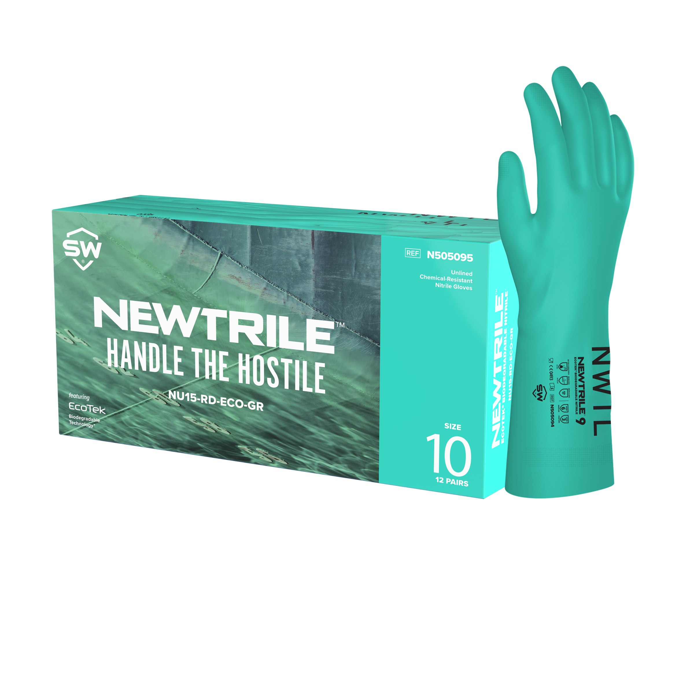 SW® NewTrile® Chemical-Resistant Nitrile Gloves Featuring EcoTek® Sustainable Technology, Unlined with 15 mil Thickness (12 Pairs Per Box)