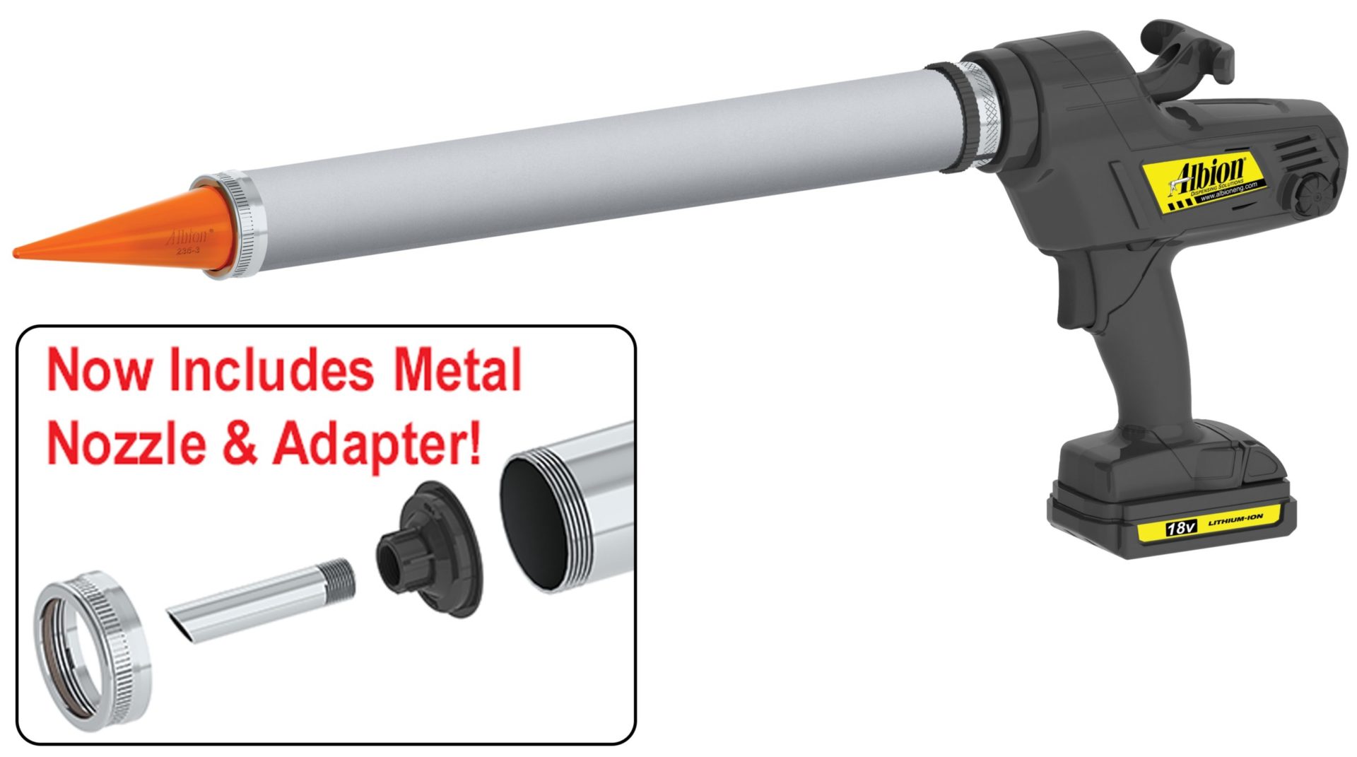 30oz Cordless Bulk Gun w/ Aluminum Barrel and Orange Cone Nozzles 18 Volt