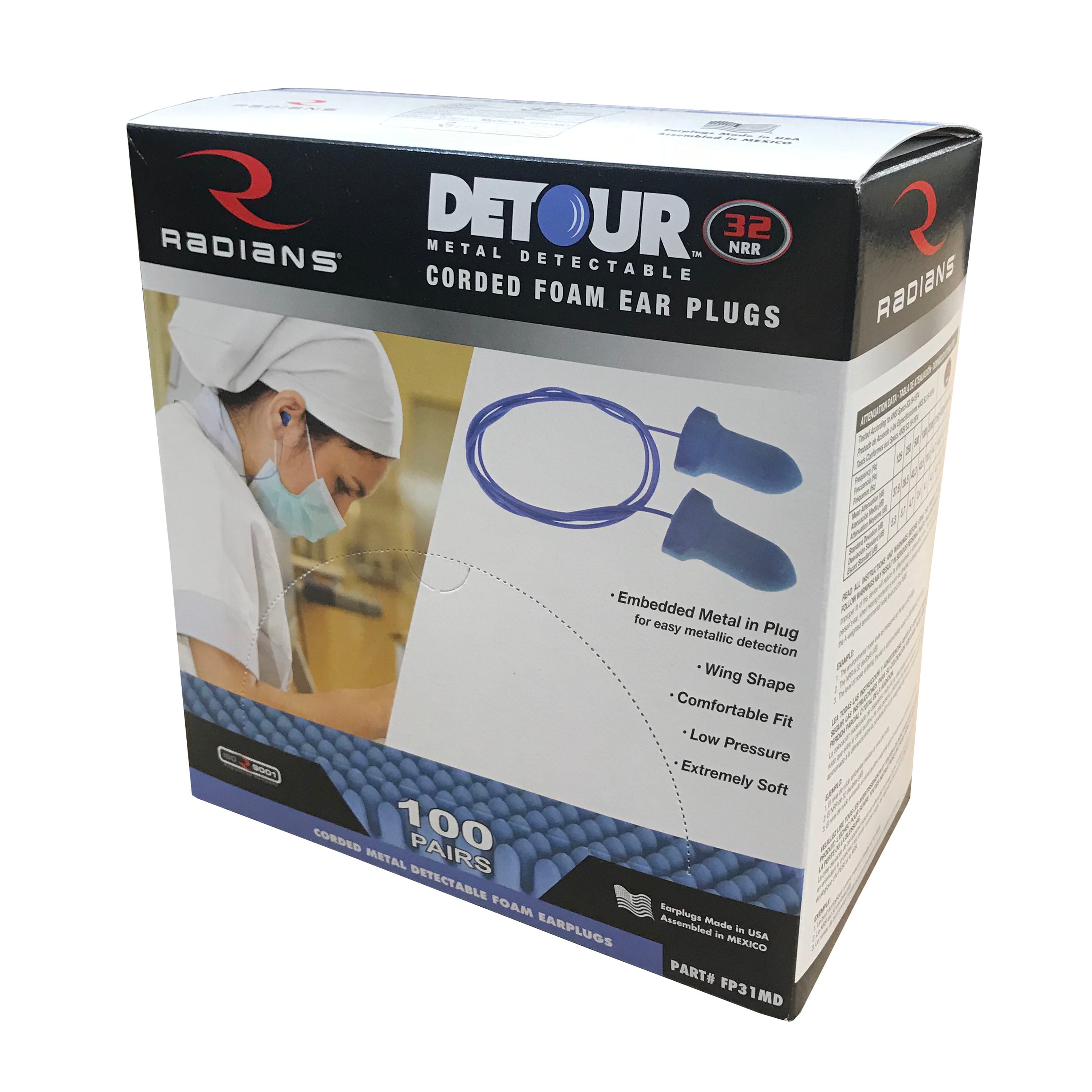 Detour® 32 Metal Detectable Foam Earplugs - Corded (Box of 100)