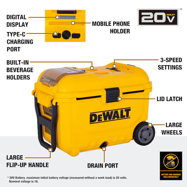 DeWalt 32 Qt Air Cooler 20 Volt Comes with Cooler, 3 Air Extension Hoses, 1 Air Hose Connector, 1 3-Way Hose Connector and 1 Ice Pack