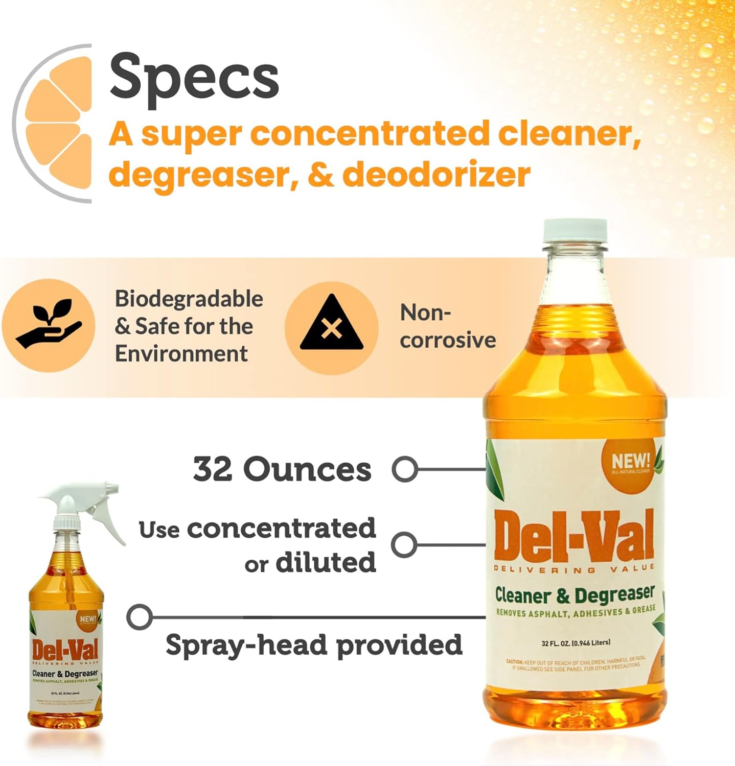 Del-Val Super Concentrated Orange Citrus Cleaner 32 Oz Spray Bottle
