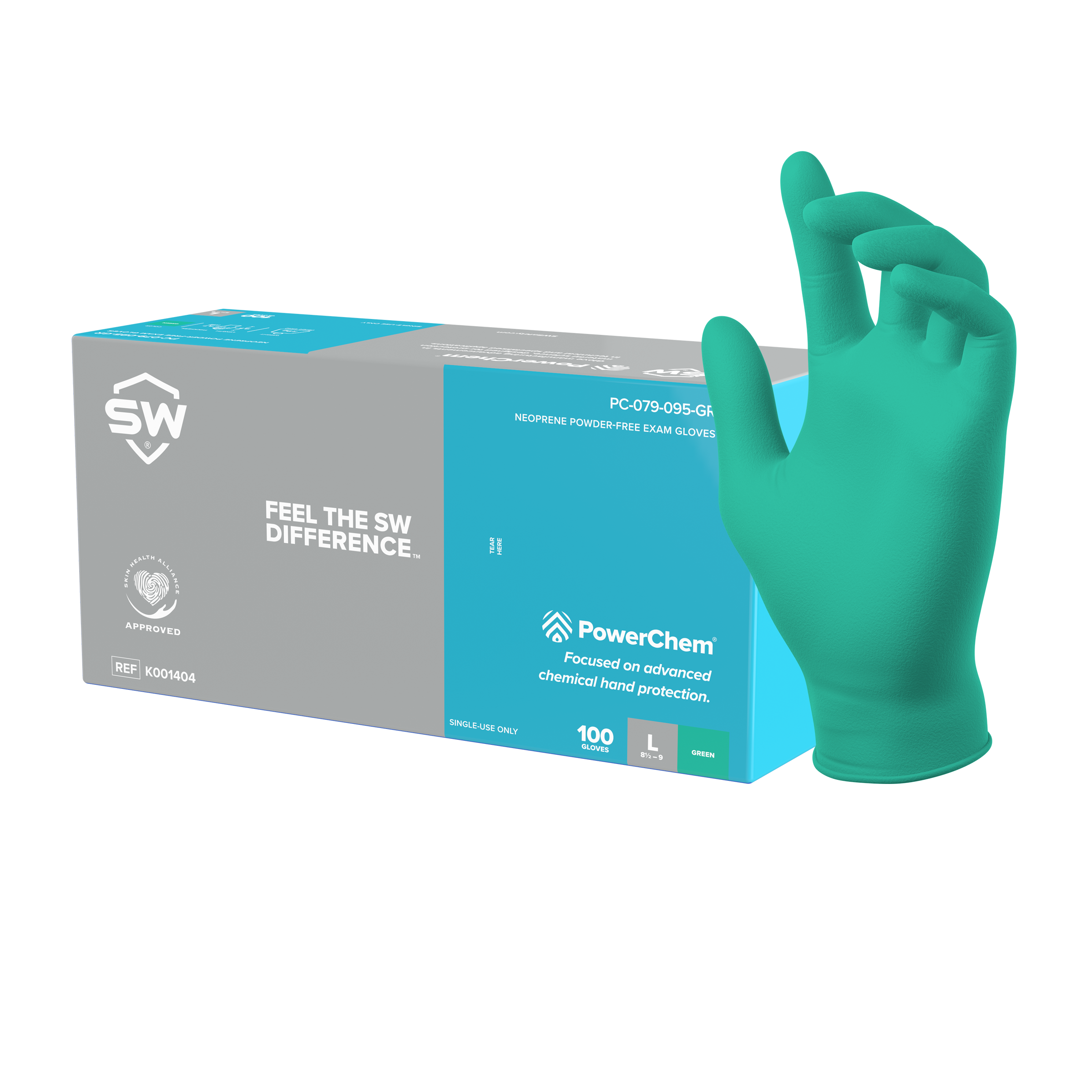 SW® PowerChem® PC-95GR Green 6.2mil Neoprene Exam Gloves (100 Per Box)