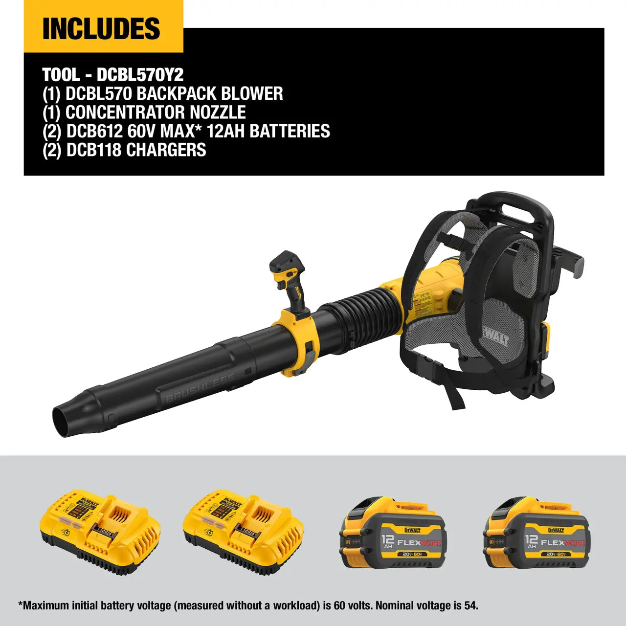 DeWALT DCBL570Y2 60V Battery Powered Backpack Blower Kit with Two DCB612 Batteries and Two Chargers
