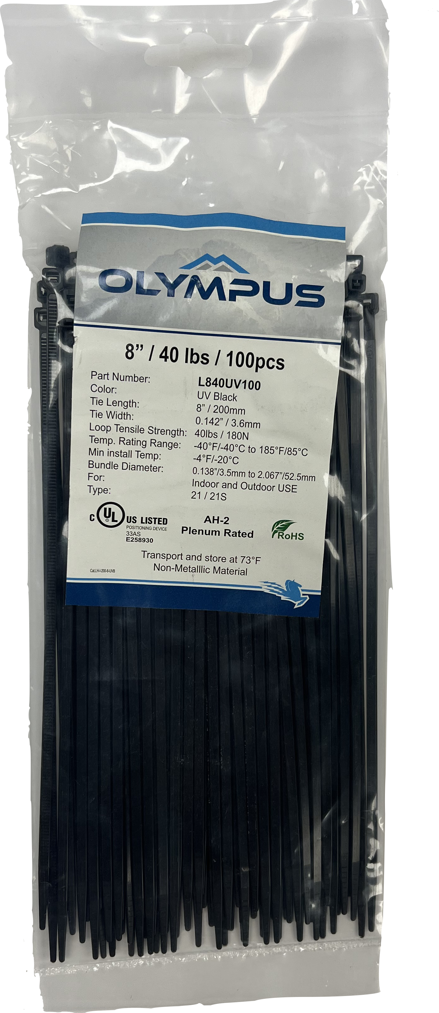 8" UV Black Zip Ties + Tensile Strength of 40 Pounds (Pack of 100)