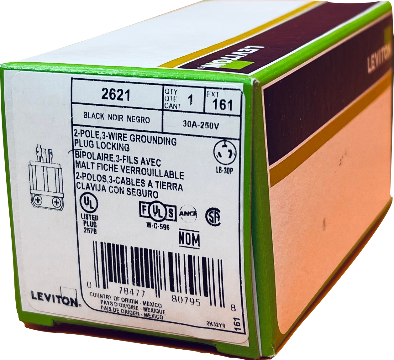 Leviton 2621 Industrial Grade Locking Plug Nema L6-30P, 30 Amp, 250 Volt