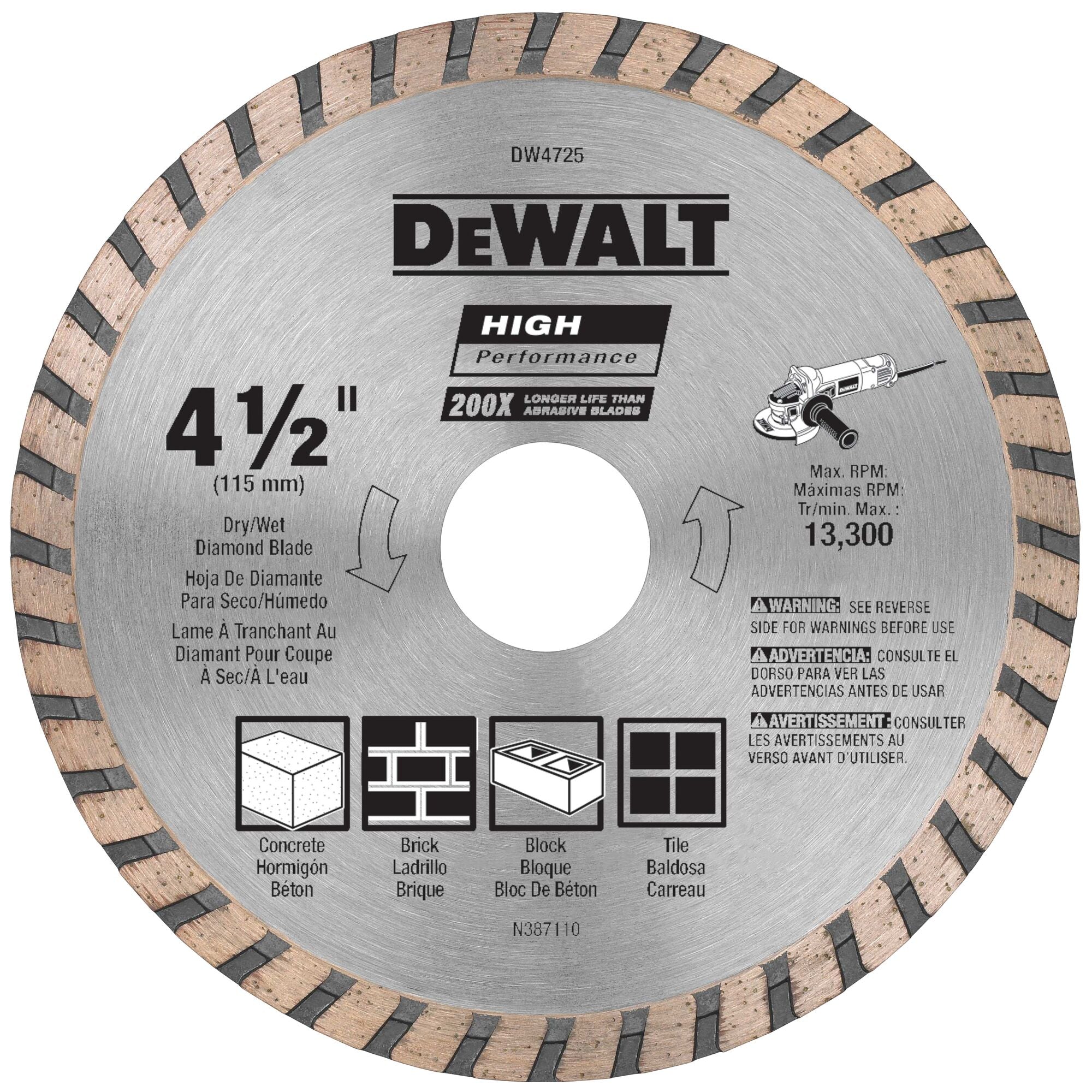 DeWALT Masonry Blade 4 1/2" Turbo Blade 7/8" Bore Diamond DW4725