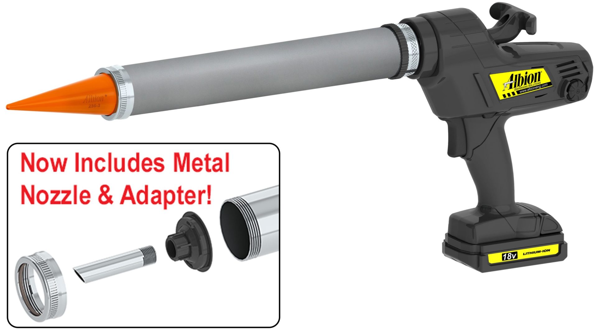 20oz Cordless Bulk Gun w/ Teflon Barrel and Orange Cone Nozzles 18 Volt