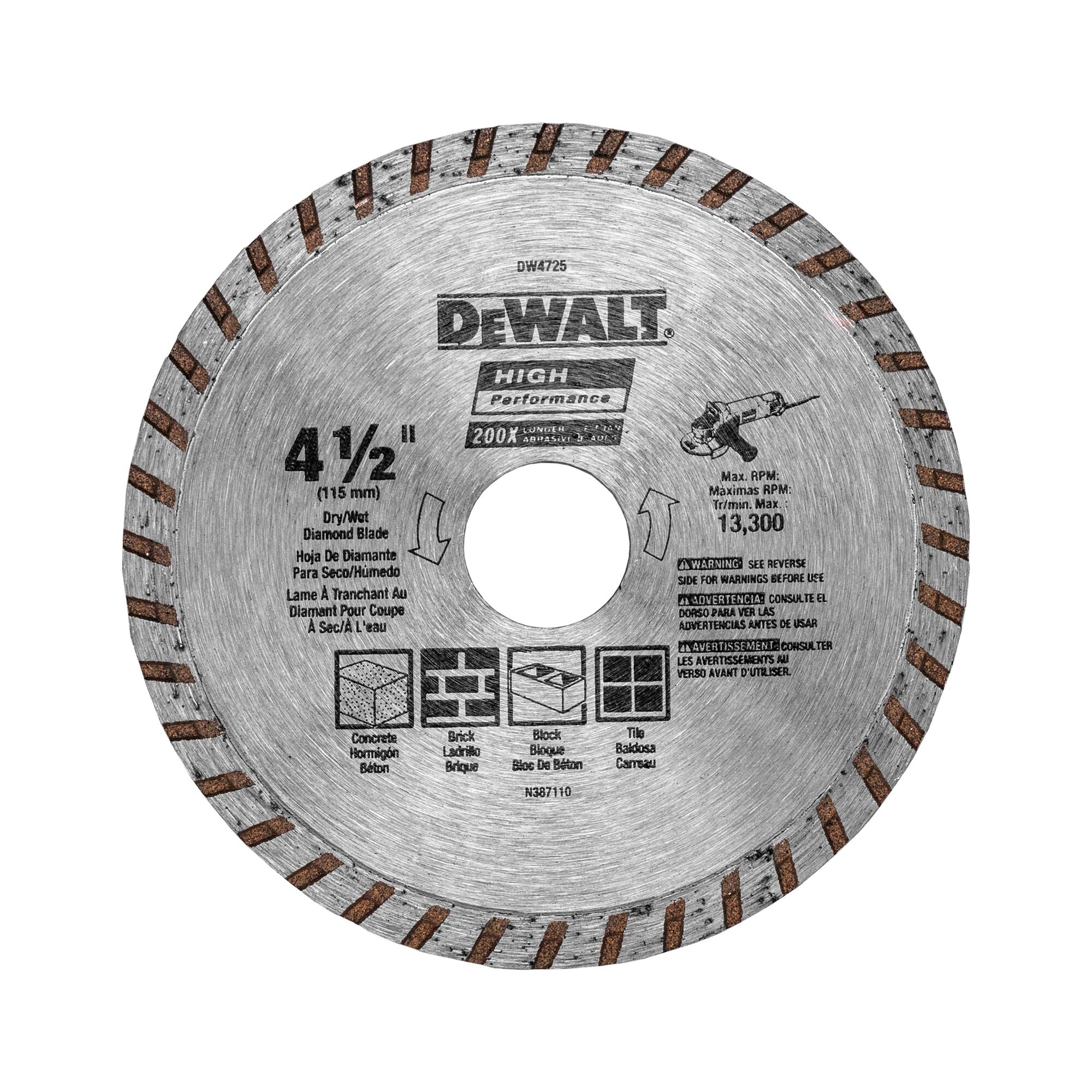 DeWALT Masonry Blade 4 1/2" Turbo Blade 7/8" Bore Diamond DW4725