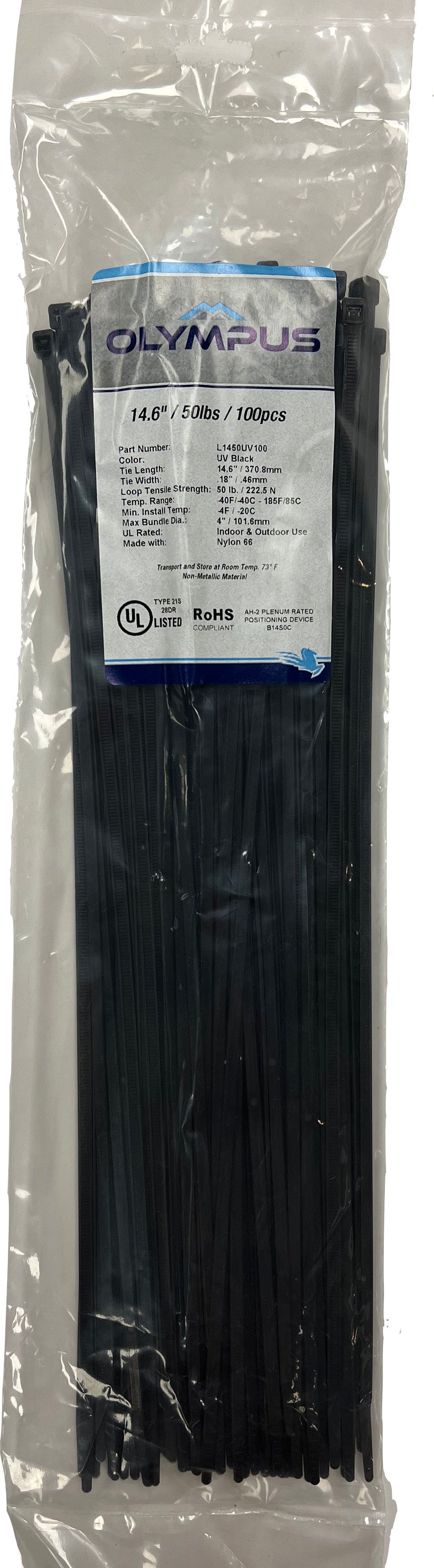 14.6" UV Black Zip Ties + Tensile Strength of 50 Pounds (Pack of 100)
