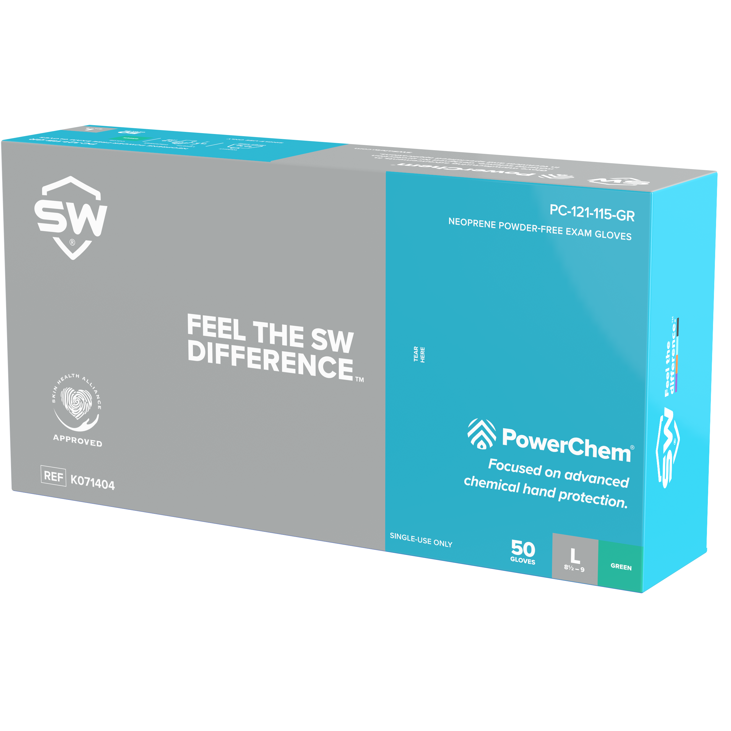 SW® PowerChem® PC-115GR Green 7.5mil Extended-Cuff Neoprene Exam Gloves (50 Per Box)