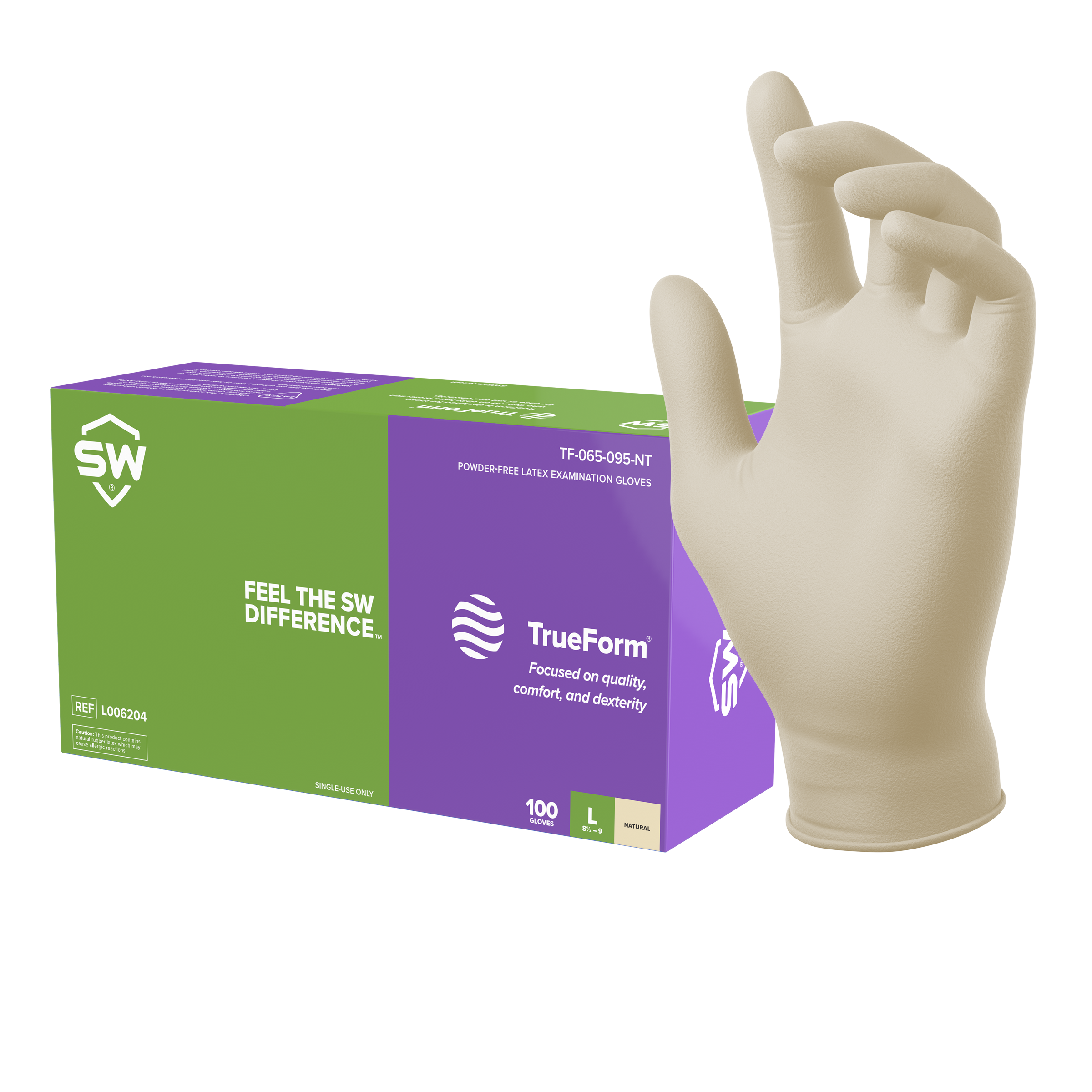 SW® TrueForm® TF-95NT Natural 5.5mil Latex Exam Gloves (100 Per Box)