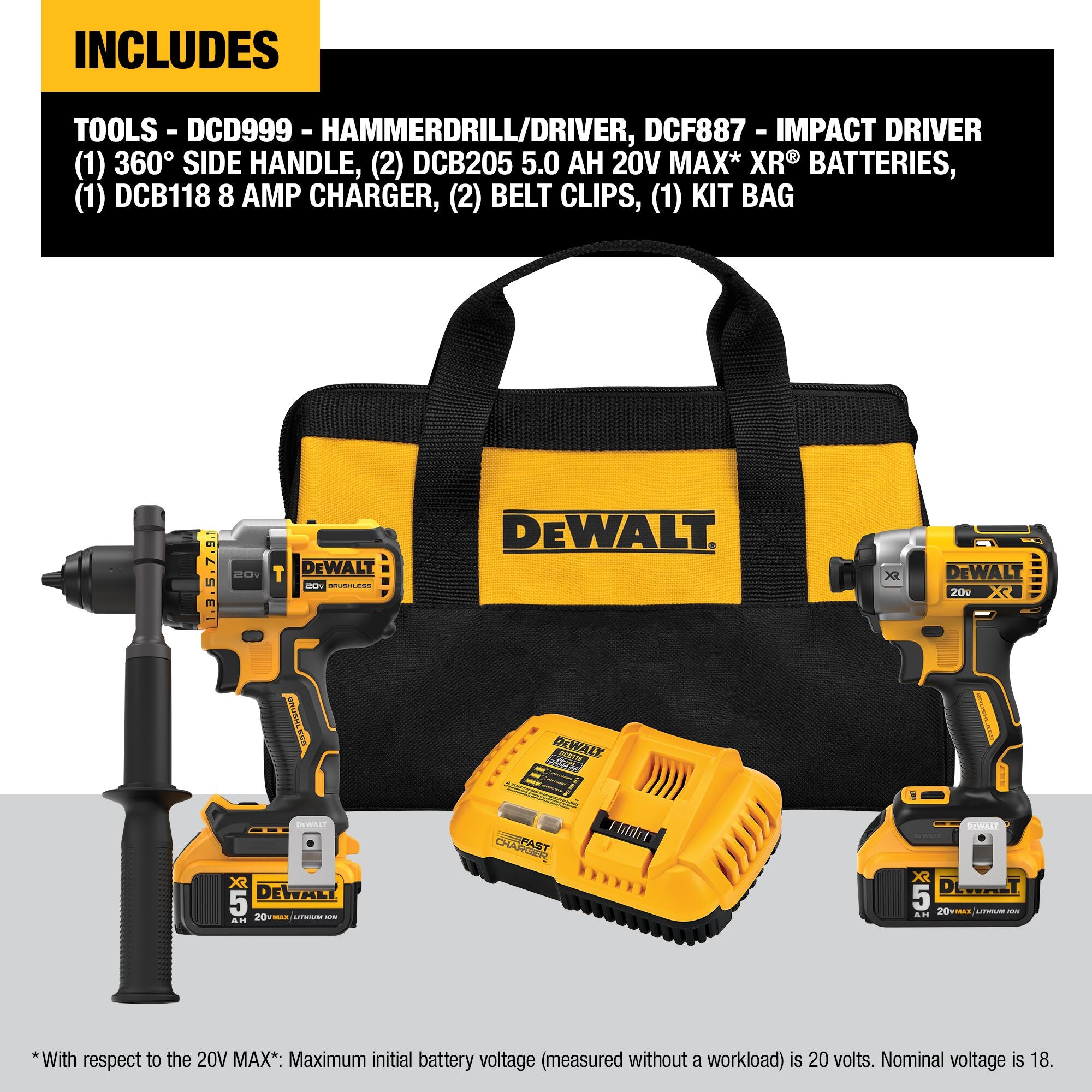 DeWALT DCK2100P2 Drill & Impact Kit with Charger, Drill DCD999B and DCF887 Two Batteries, and Bag.