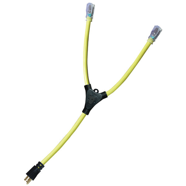 2ft 12/3 STW 5-15 Yellow "Y" Adapter Black 5-15 Plug with two 5-15 Clear Lighted Receptacles