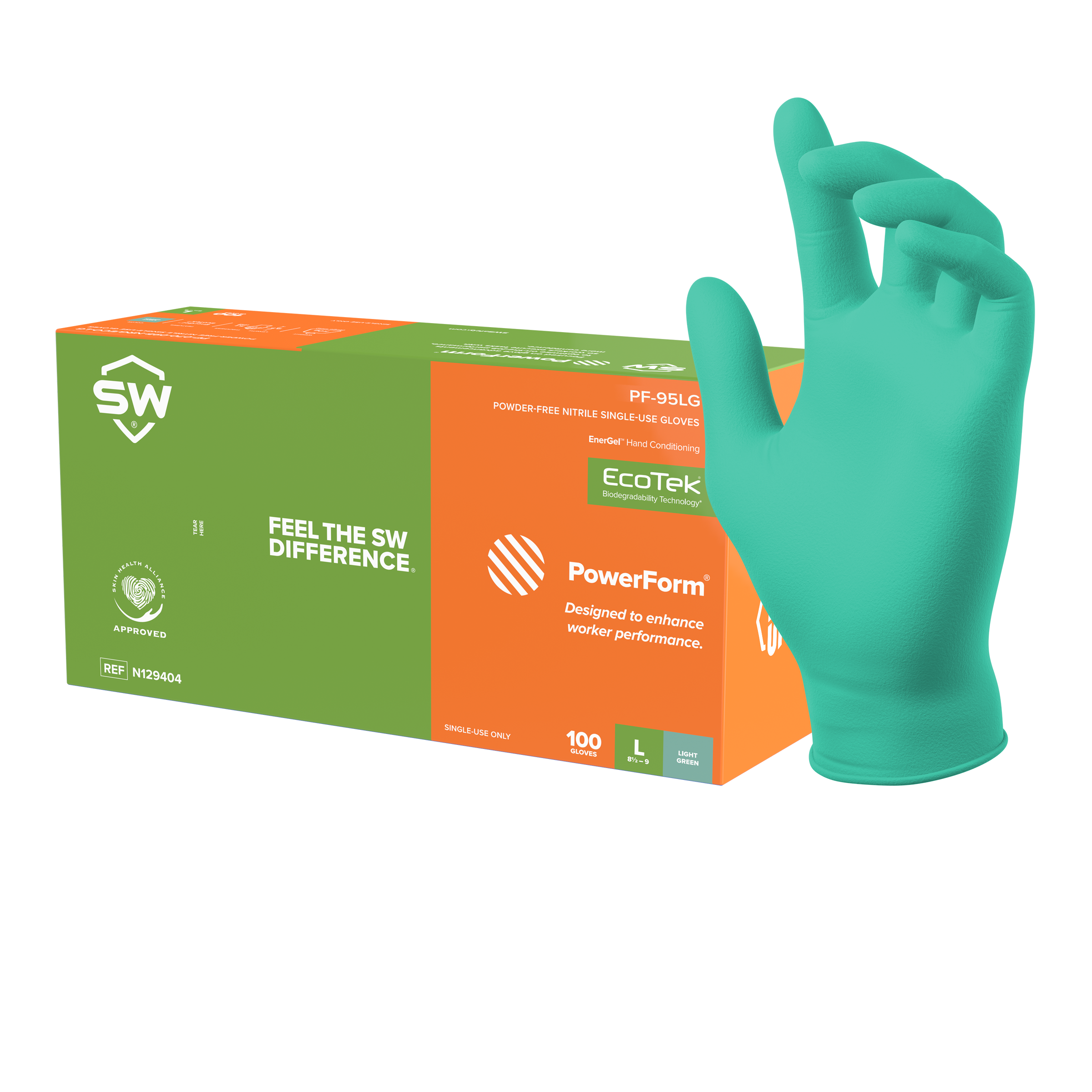 SW® PowerForm® PF-95LG Light Green 5.9mil Nitrile Exam EnerGel® Rejuvenating Gloves (100 Per Box)