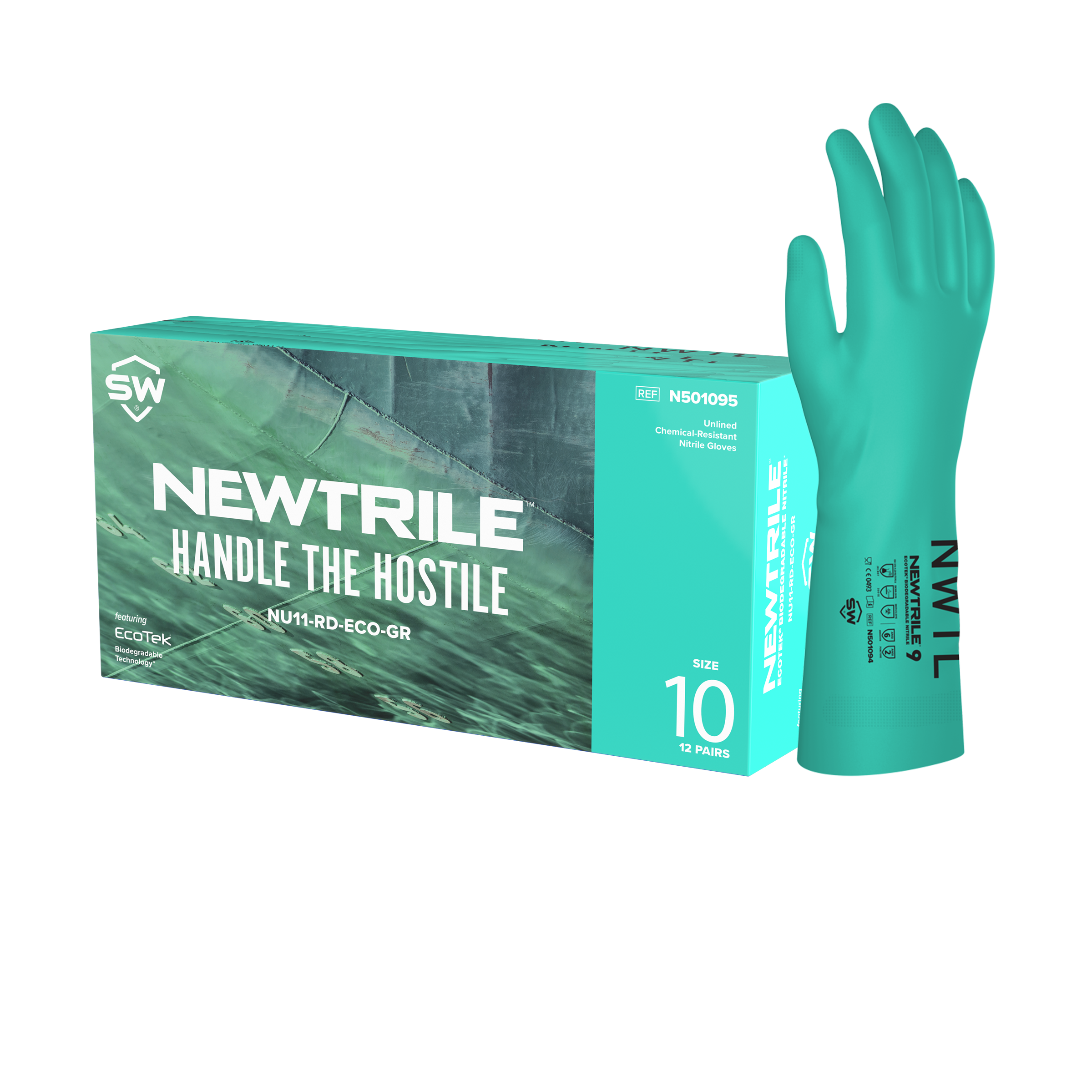 SW® NewTrile® Chemical-Resistant Nitrile Gloves Featuring EcoTek® Sustainable Technology, Unlined with 11 mil Thickness (12 Pairs Per Box)