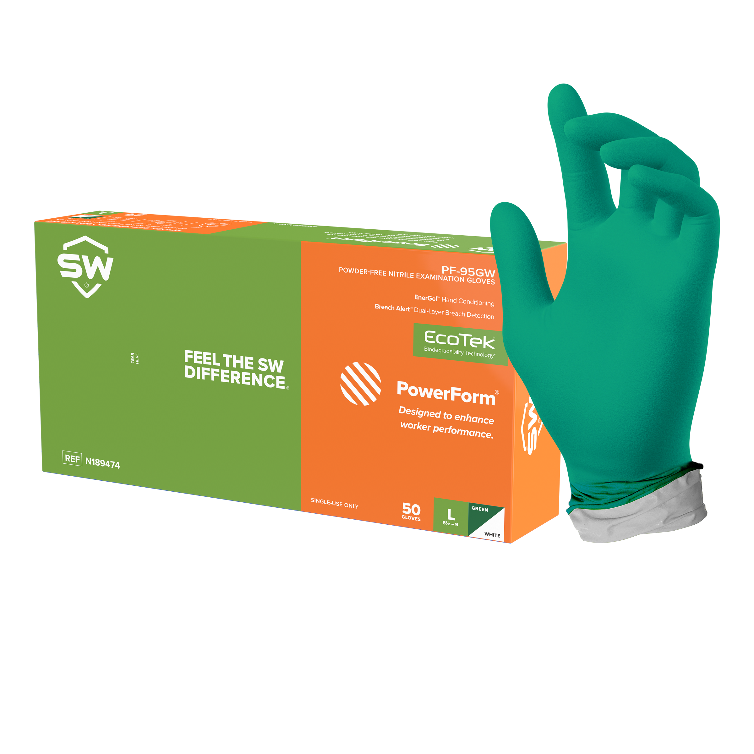 SW® PowerForm® PF-95GW Dual-Color Green/White 5.9mil Sustainable Skin-Improving Nitrile Exam Gloves (50 Per Box)