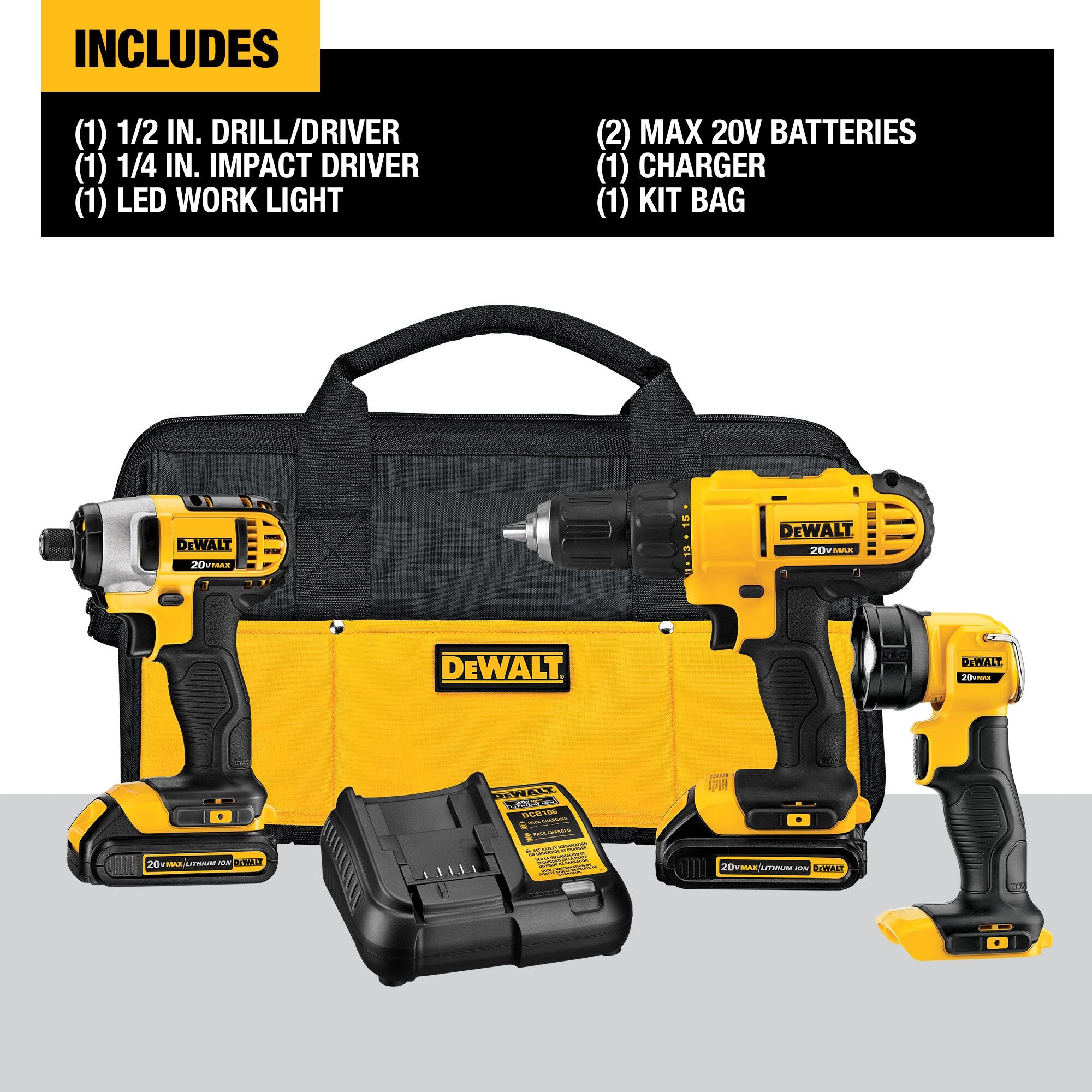 DeWALT DCK340C2 20V Compact 3-Tool Combo Kit (Drill, Impact, & Flashlight) with Charger, Two Batteries, and Bag
