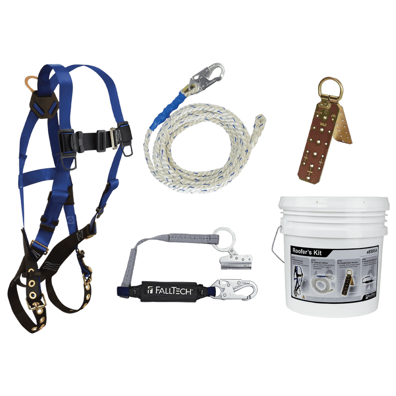 Roofers Kit Contractor Plus With 7016 S,M,L,  Tongue & Buckle Harness, 5 Gallon Pail with 50 Foot Lifeline, Rope Grabber with Lanyard, and Temporary Anchor