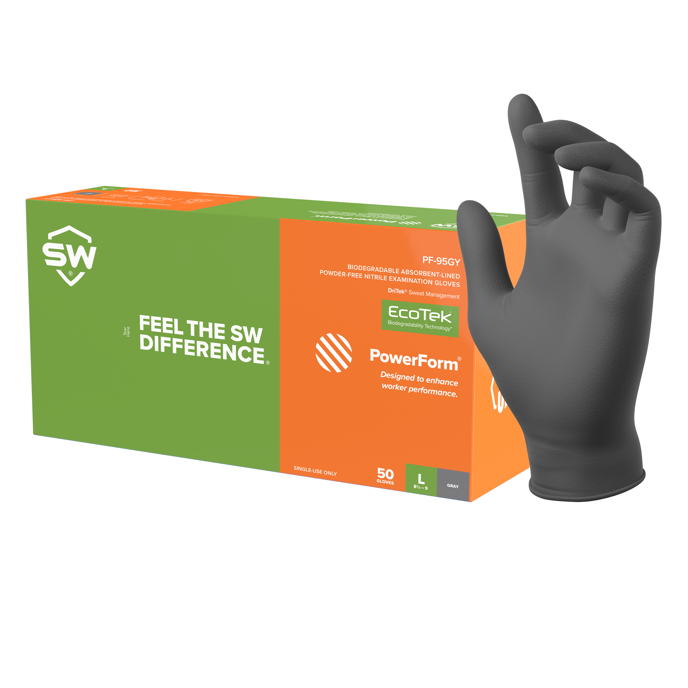 SW® PowerForm® PF-95GY Gray 8.2mil Sustainable Sweat-Absorbing Nitrile Exam Gloves (50 Per Box)