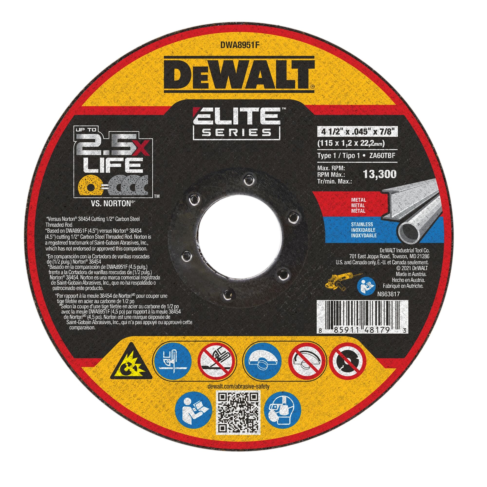 DeWALT DWA8951F Elite Cut-off Wheel 4-1/2"X .045"X 7/8" T1 (Pack of 25)