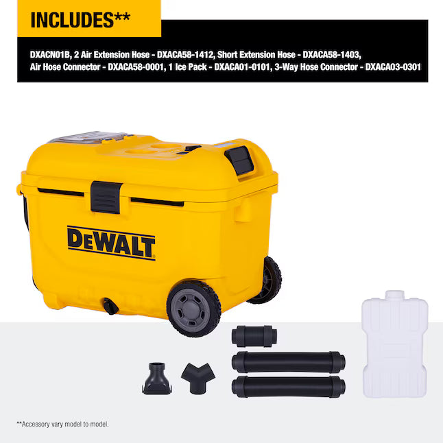 DeWalt 32 Qt Air Cooler 20 Volt Comes with Cooler, 3 Air Extension Hoses, 1 Air Hose Connector, 1 3-Way Hose Connector and 1 Ice Pack