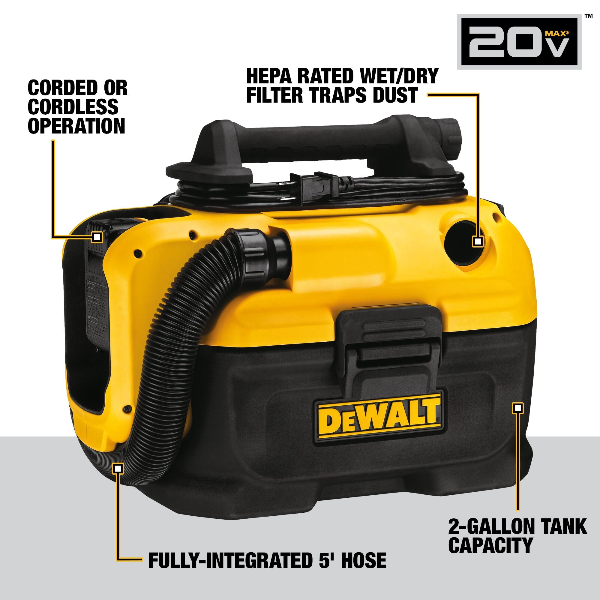 Cordless Wet/Dry Vacuum 18/20 Volt Battery or 120 Vac 2 Gallon DeWALT with 5' Hose TCorded and Cordless Tool Only