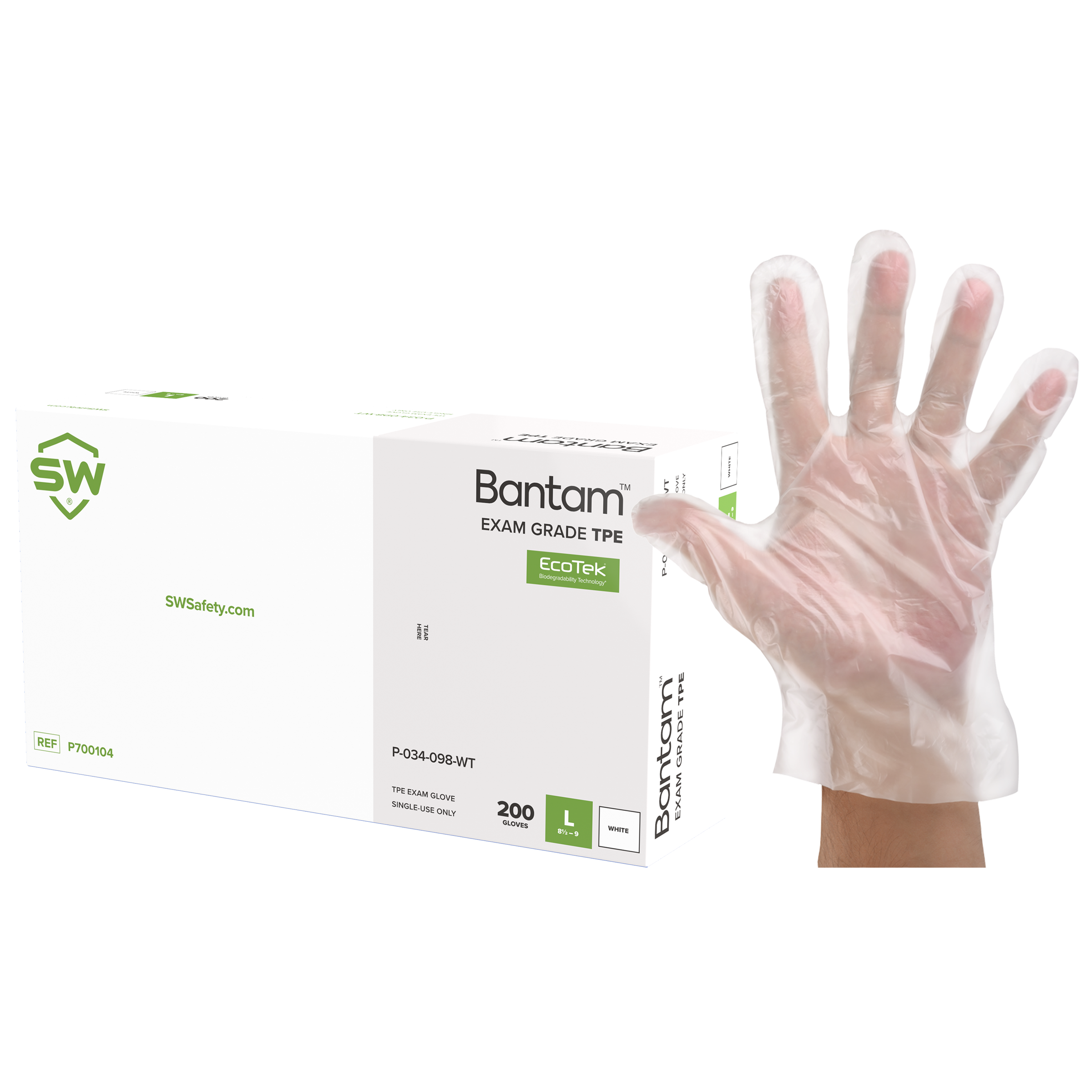 SW® Bantam™ P-024-098-ECO-WT White 3.2mil EcoTek® Sustainable TPE Exam Gloves (200 Per Box)