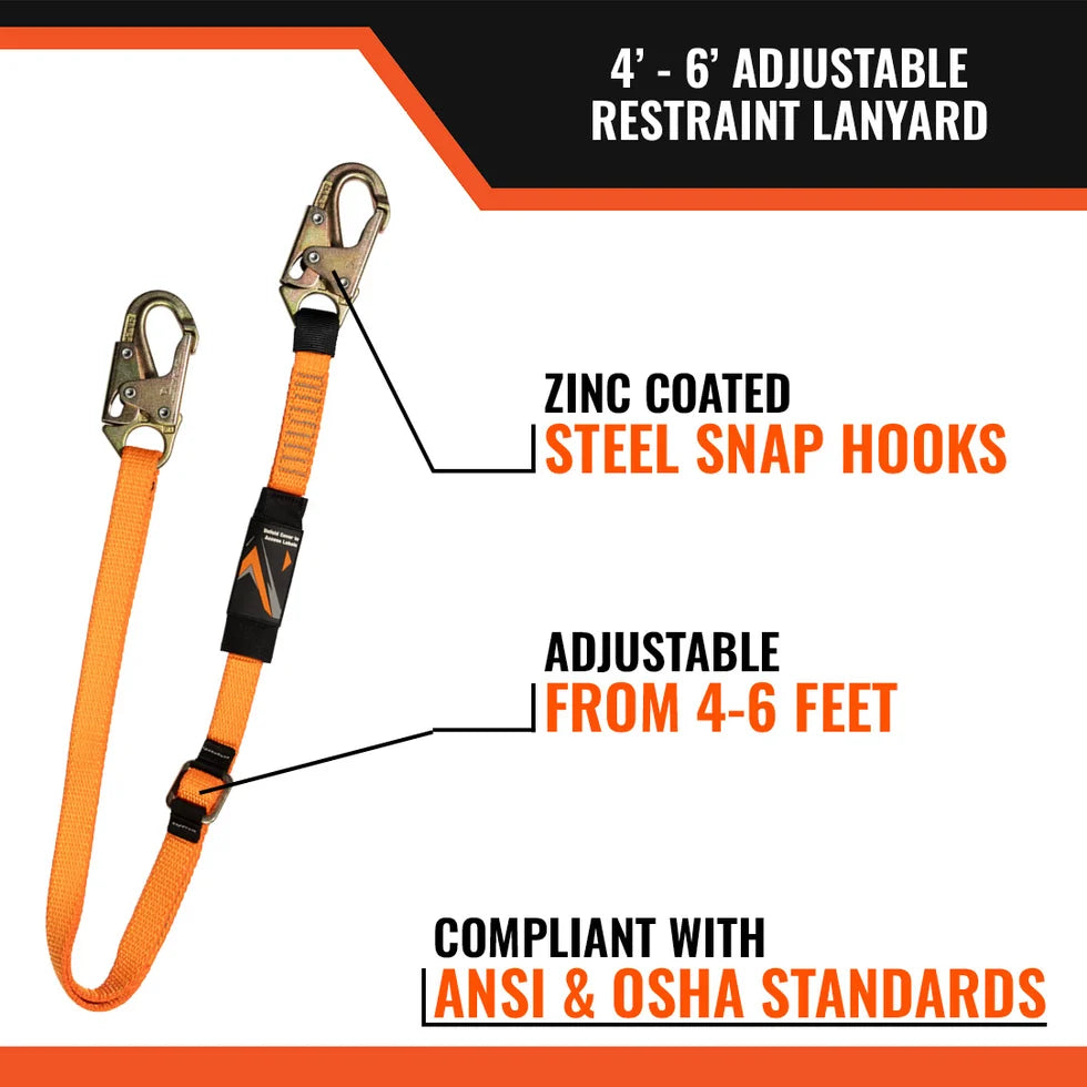 Malta C5200 4-6' Adjustable Restraint Lanyard with 2 Steel Snap Hooks