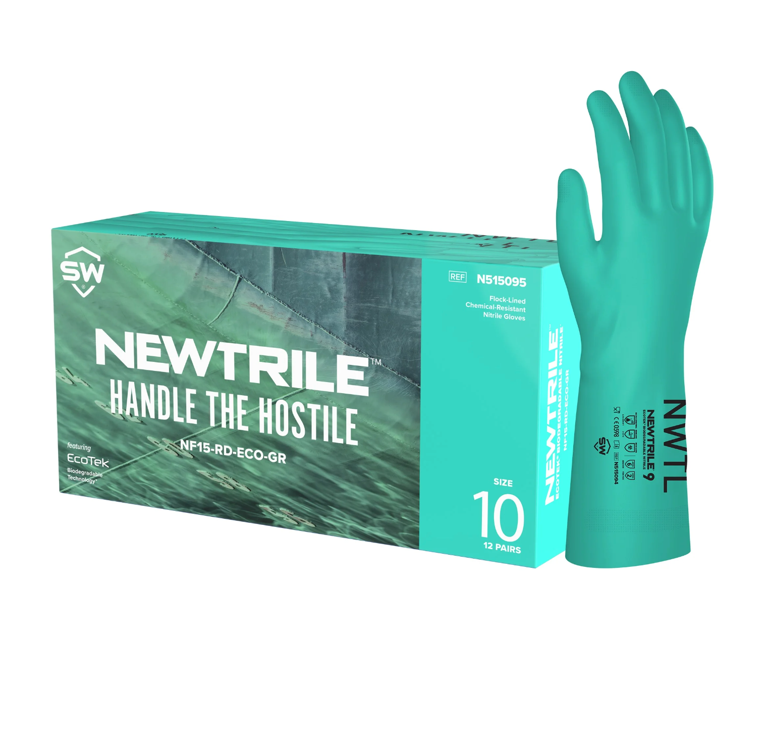 SW N15 NewTrile TexSolve 15 Mil Lined Nitrile Gloves 13" Long - Teal (Pack of 12)