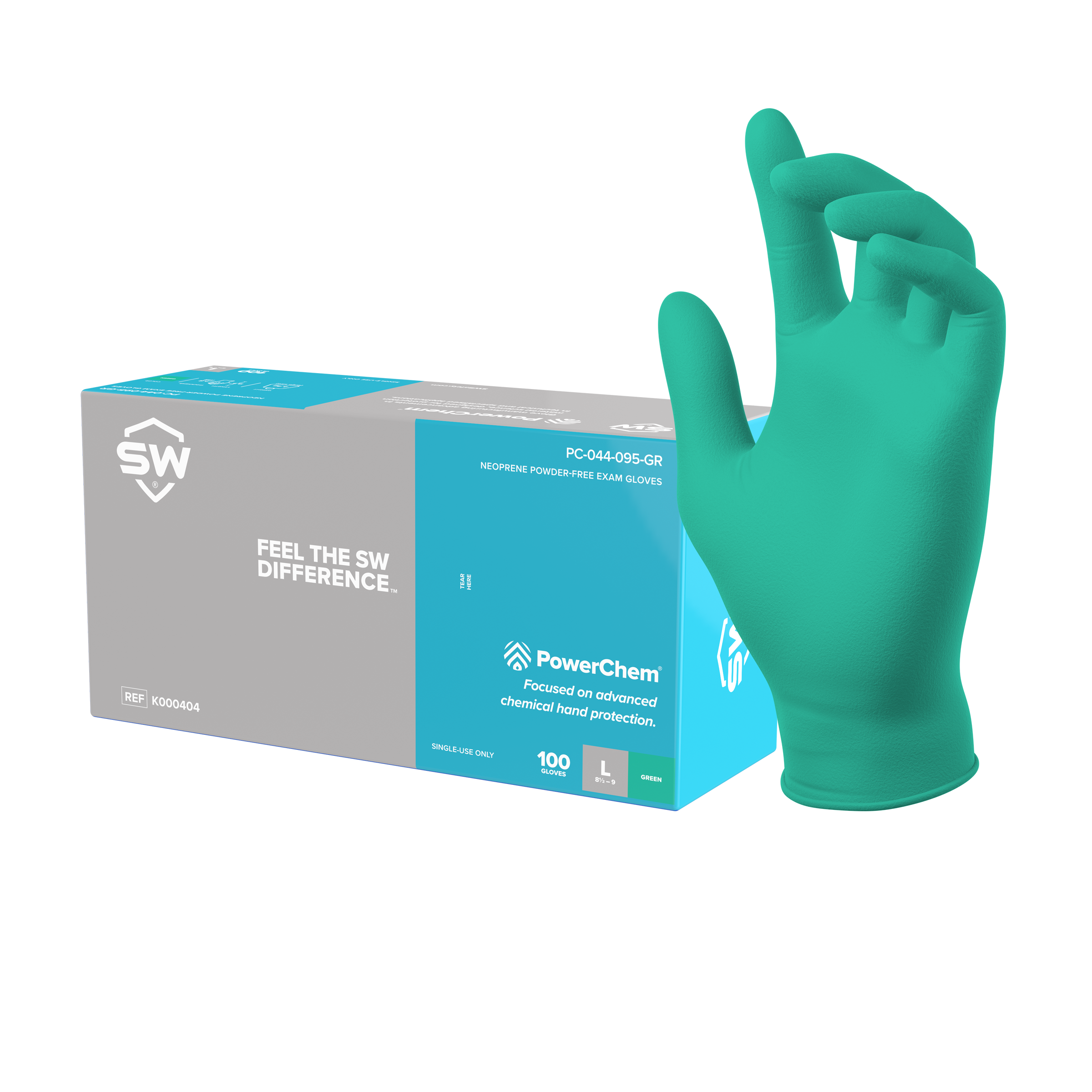 SW® PowerChem® PC-045-095GR Green 3.5mil Neoprene Exam Gloves (100 Per Box)