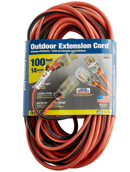 Extension Cord 100 FT 14/3 SJTW Orange/Black + Lighted Ends