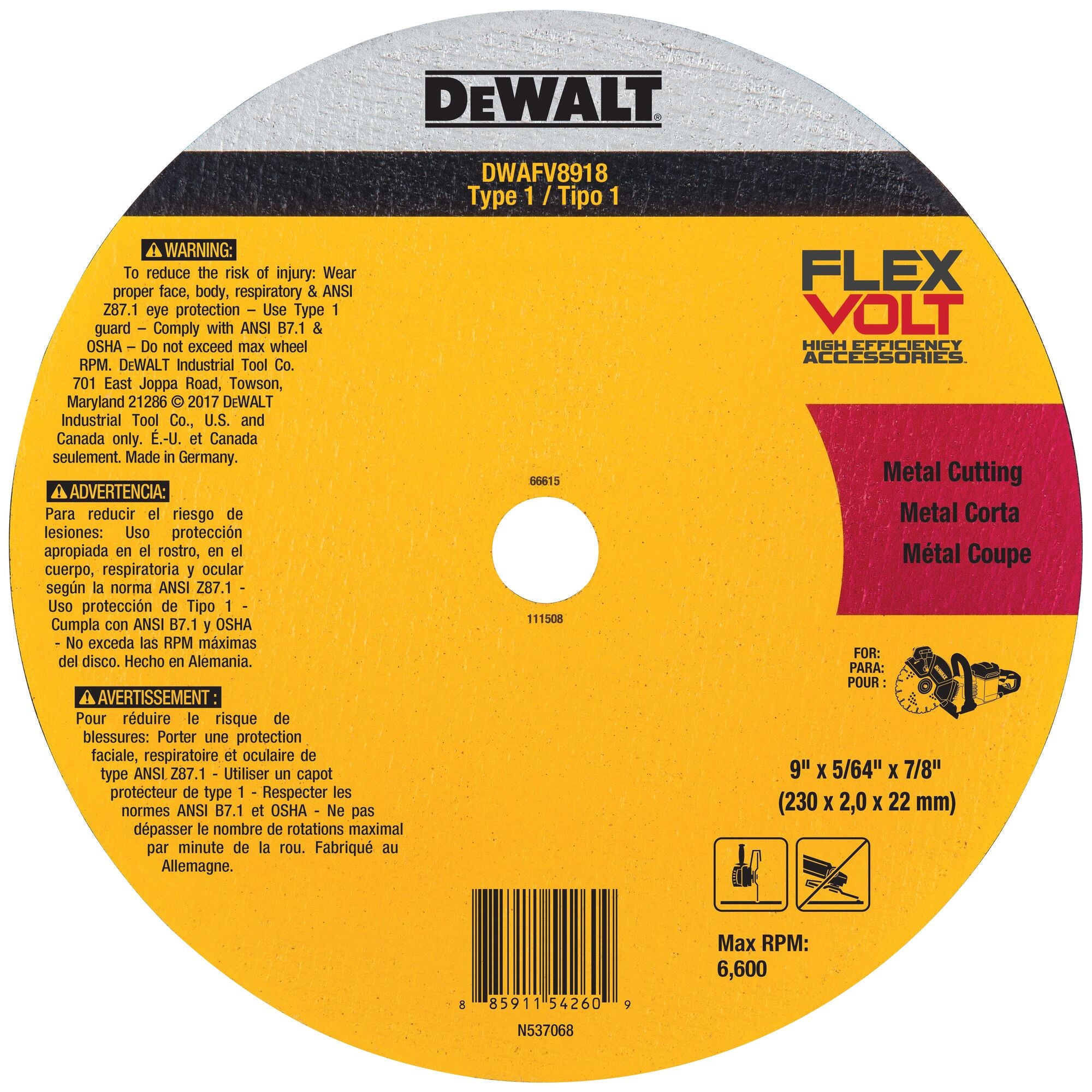 DeWALT DWAFV8918 9" Abrasive Cutting Wheel for Metal for DCS690 Saw
