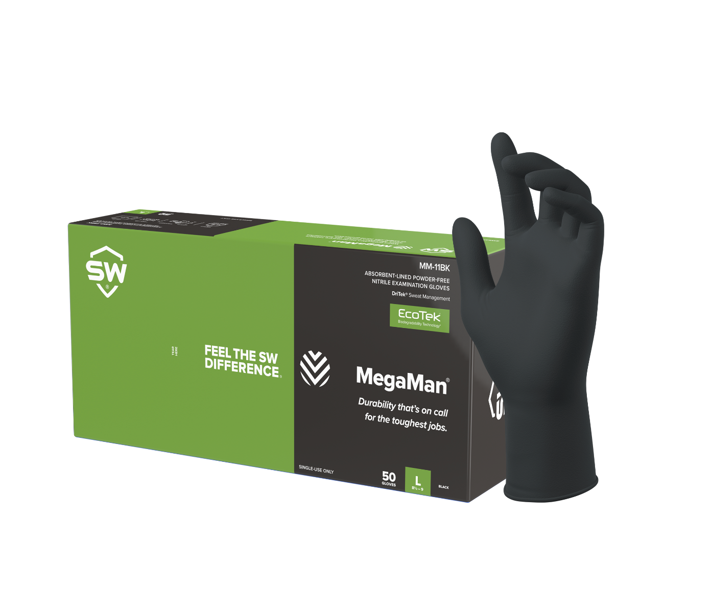 SW MM-11BK MegaMan Textured 8.5 Mil Nitrile Mechanics Gloves - Black (Box of 50)