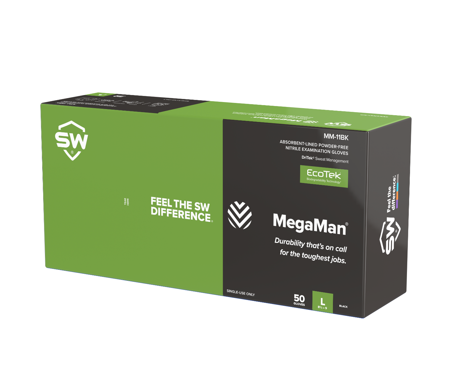 SW MM-11BK MegaMan Textured 8.5 Mil Nitrile Mechanics Gloves - Black (Box of 50)