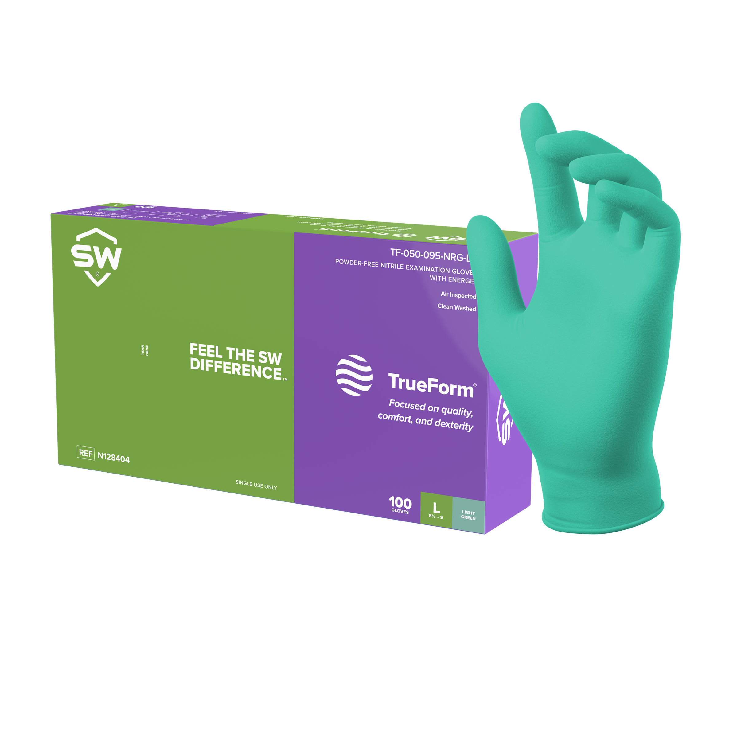 SW® TrueForm® TF-95LG Light Green 4mil Nitrile Exam EnerGel® Rejuvenating Gloves (100 Per Box)