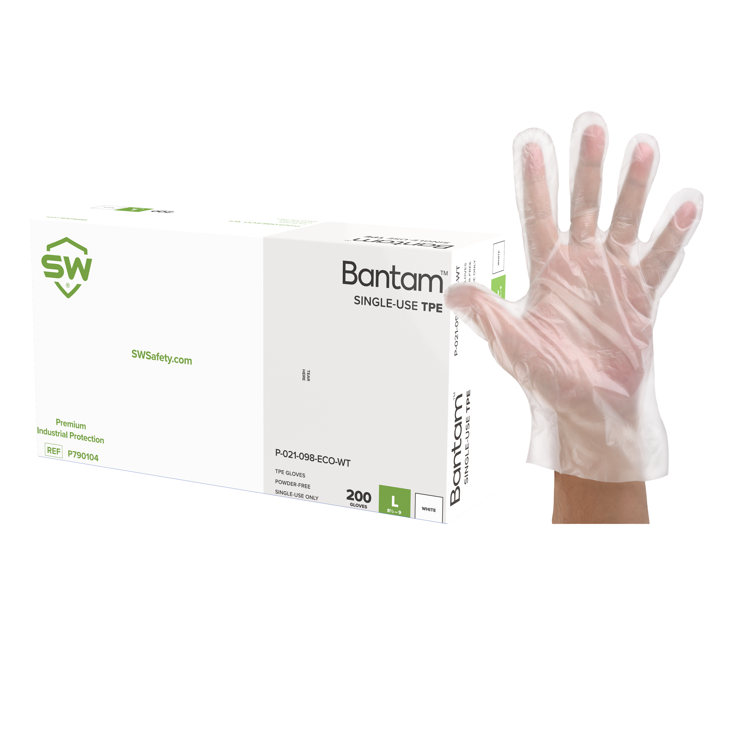 SW® Bantam™ P-021-098-WT White 2.1mil TPE Single-Use Gloves (200 Per Box)