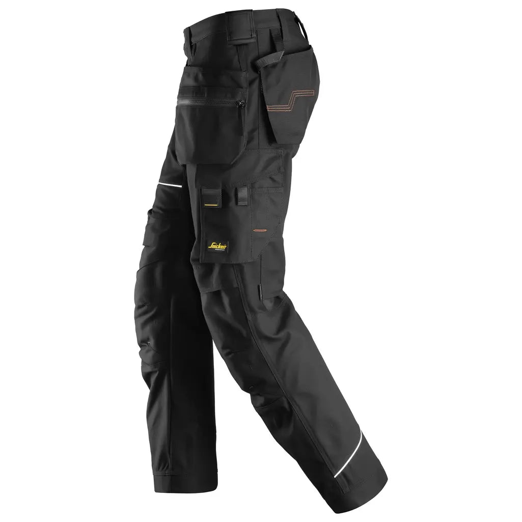 Pantalones de trabajo elásticos completos Snickers AllroundWork + bolsillos tipo funda (negro/negro) 