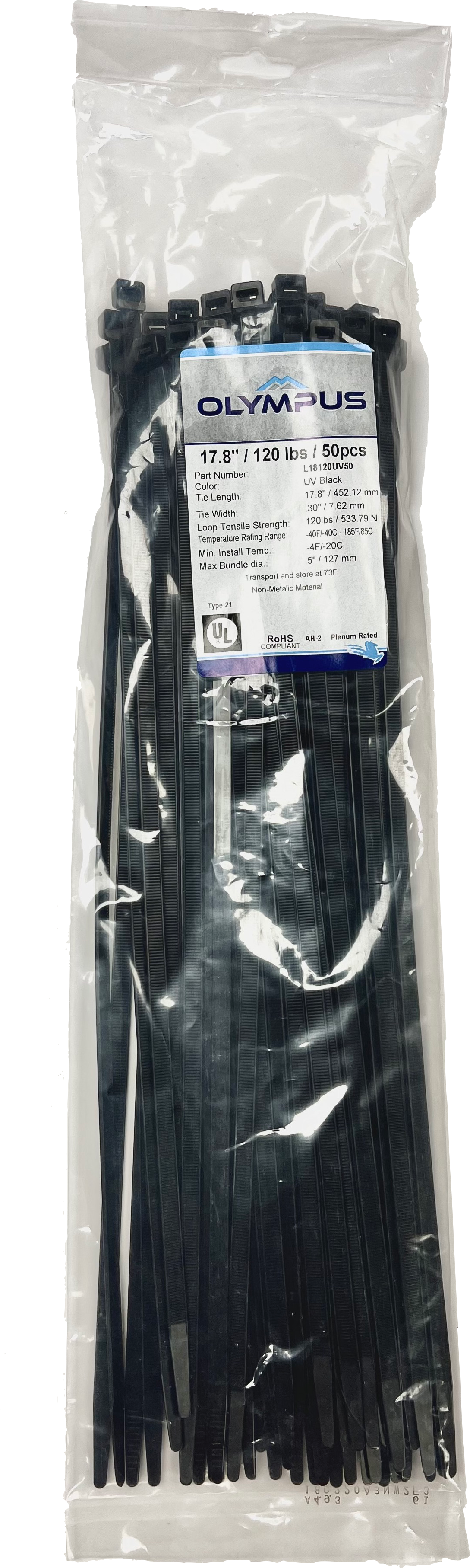 18" UV Black Zip Ties + Tensile Strength of 120 Pounds (Pack of 50)