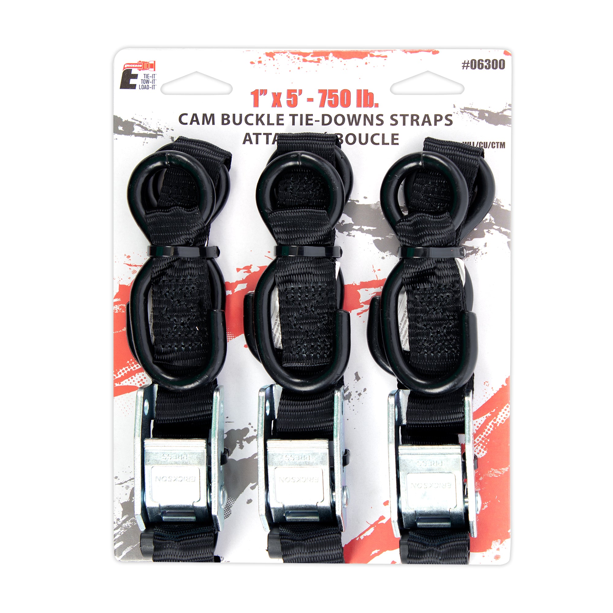 Tie Downs Strap Cam Buckle  3 Pack 1" X 5' 750 Lb