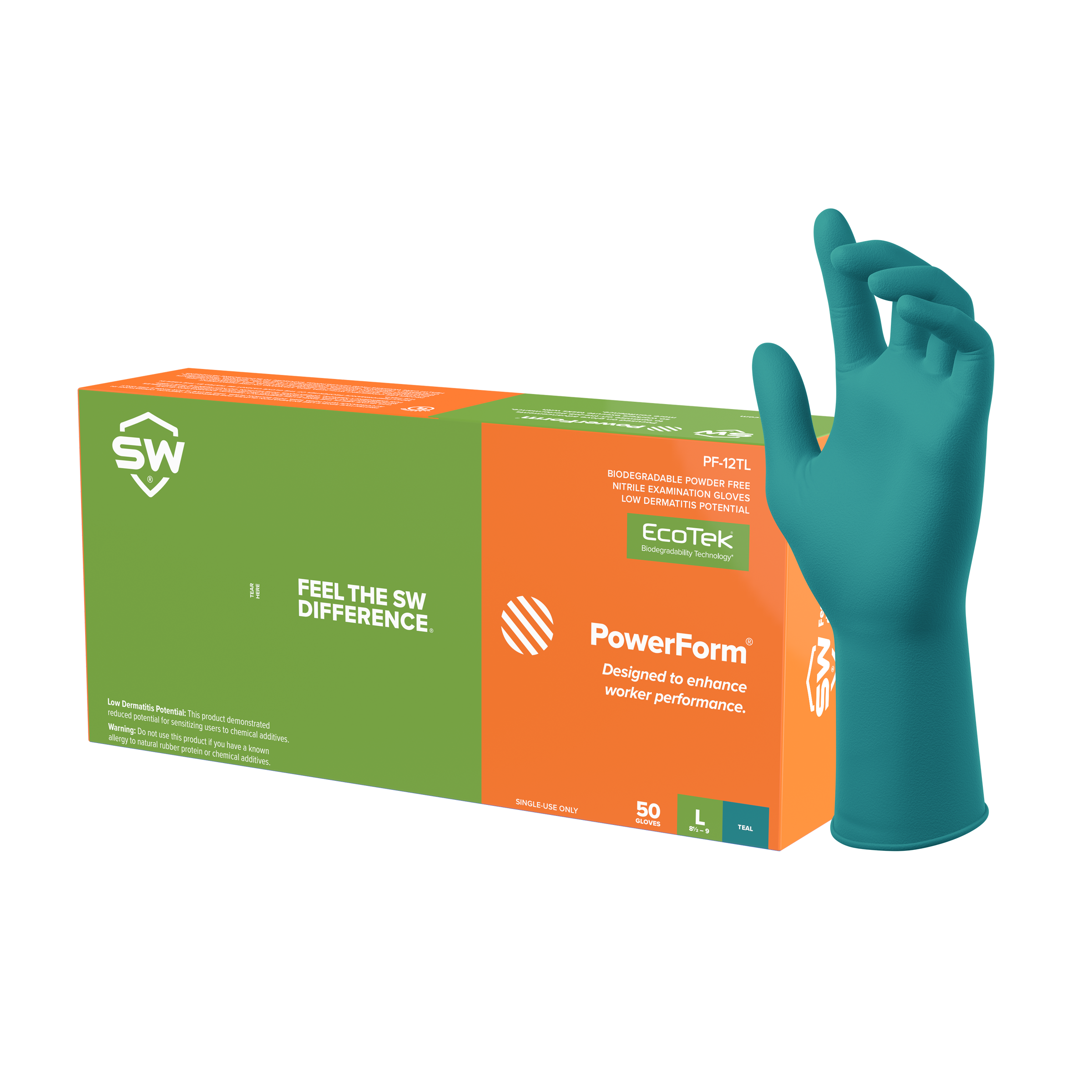 SW® PowerForm® PF-12TL Extended-Cuff Teal 6.2mil Heavy-Duty Nitrile Exam Gloves (50 Per Box)