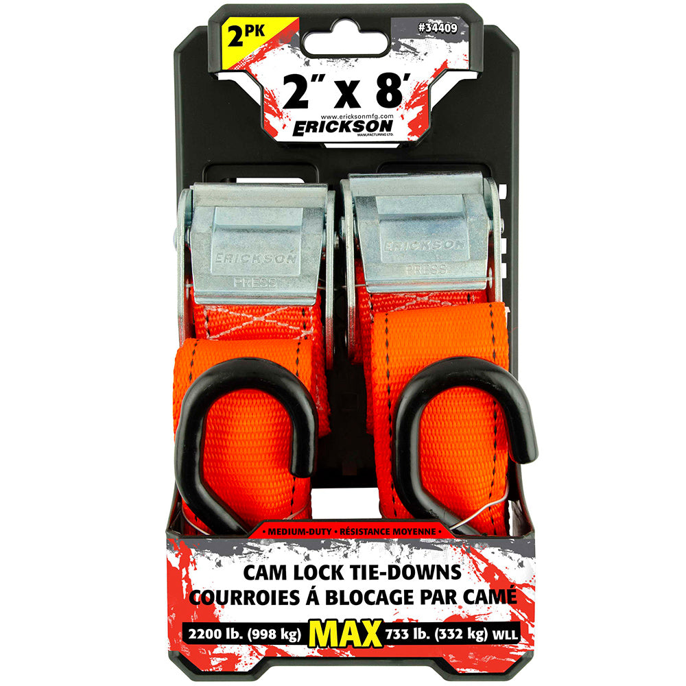 Tie Downs Cam Lock Strap 2"X8' 2200 Lb 2 Pack Erickson