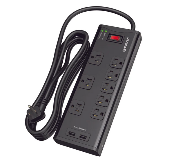 Voltec 11-00229 8-Outlet Power Strip With 2 USB Ports + 2100 Joules Surge Protection
